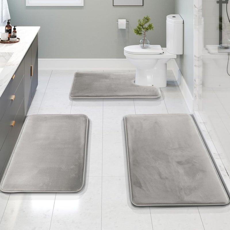 Clara Clark 3 Piece Bathroom Rugs Bath Mat Set, Velvet Memory Foam Bath Mats for Bathroom - Non-Slip, PVC Backing Bath Rugs, Washable - Dries Quickly, Silver - Image 1